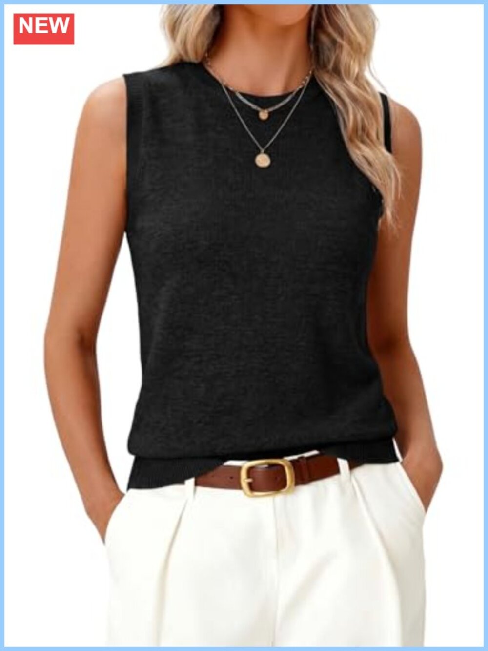 Wool Blend Knit Tank Top Sleeveless Sweater Vest Crewneck Ribbed